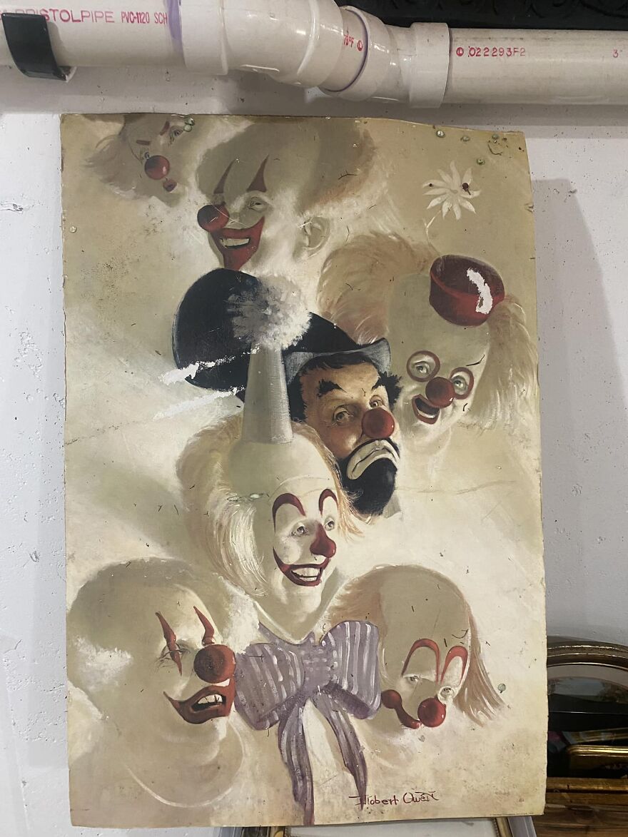 Okay So I’ll Share This Clown Picture I Was Just Reminded Of. In The Late 70s My Mom Got This Picture From Sears And Hung In My Baby Brothers First Room After Being A Nursery… So 3ish. He Would Sneak Into My Bedroom All The Time And We Never Knew Why Until He Was Much Older And Told Us. I Pulled It From My Parents Attic In 2007 And Have Had It Ever Since. I Occasionally Send Him Clown Pics To Freak Him Out. Including Earlier Today When Someone Posted That Weird Clown Chair. Hahaha I Found The Pic And Sharing Now. Now What 3 Year Old Wouldn’t Love This Hanging At The Foot Of Their Bed!!! It’s Currently In My Basement… Hence The Waste Pipe!