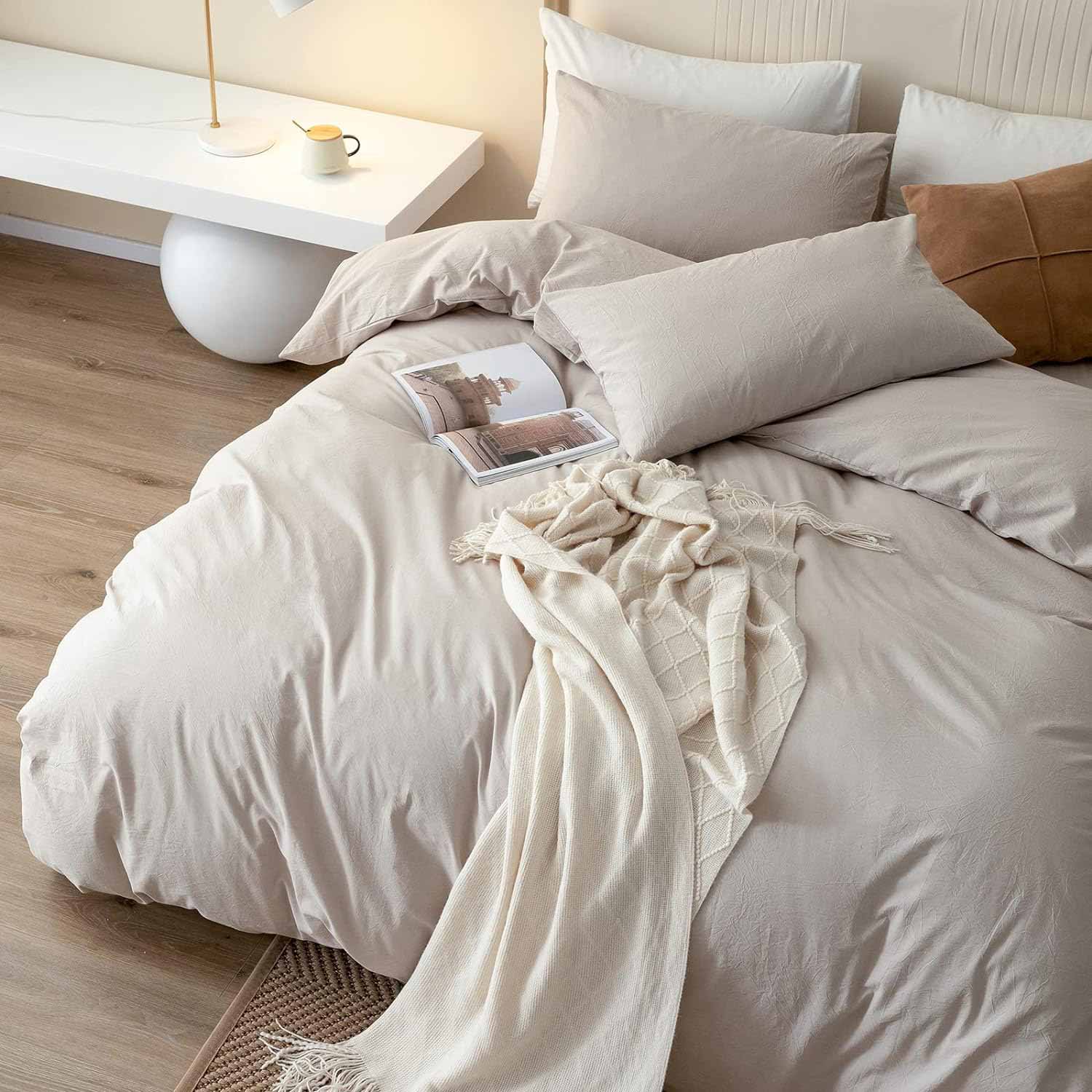 Bed with soft beige bedding