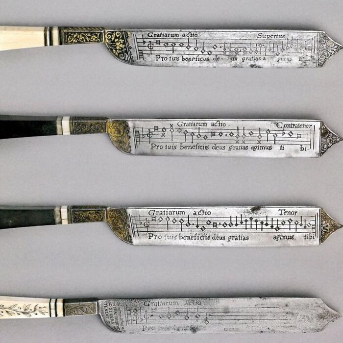 These Are A Very Rare Set Of 16th Century Italian Notation Knives. Each Side Has Musical Notes And Lyrics Engraved On The Steel Blade, Which Are Meant To Be Sung As Grace Before And After A Meal