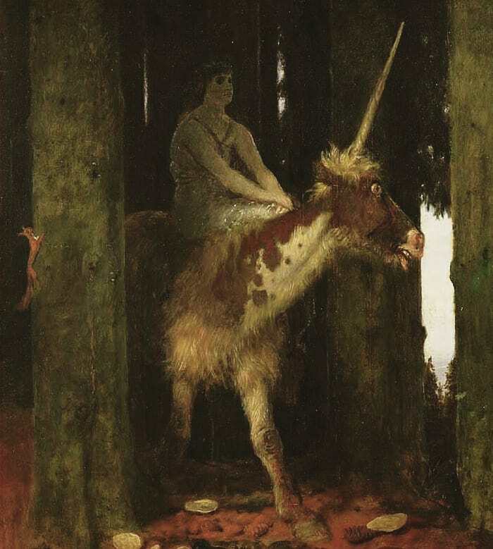 This Enchanting Painting Is 'Silence Of The Forest' (1885) In Which A Nymph Rides Out Of A Darkened Wood On The Back Of A Freaked-Out Unicorn