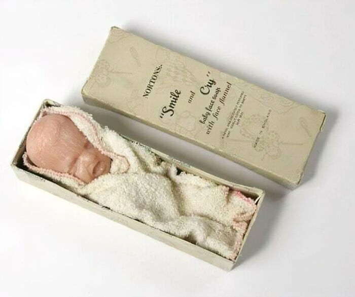 Keep Your Face Looking Youthful By Washing It With The Tears Of Children!⁣ ⁣ Norton's "Smile And Cry" Baby Face Soap With Face Flannel, 1930-39. There Is A Laughing Face On The Other Side Of The Baby's Head And I Honestly Don't Know Which Option Is Worse