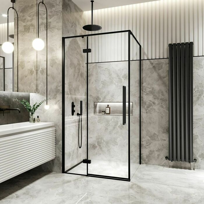 Stylish walk-in shower in a bathroom corner 