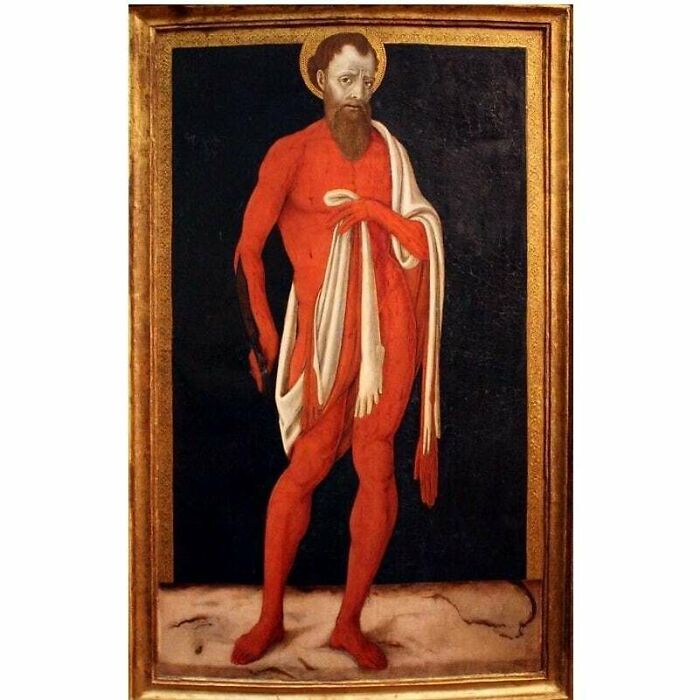 A 15th Century Painting Of St Bartholomew Wearing His Own Flayed Skin As A Robe After Being Skinned Alive And Honestly He Is Totally Pulling Off The Look