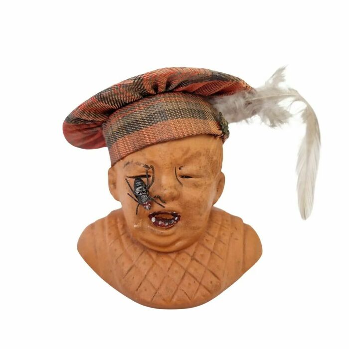 Antique Terracotta Pincushion In The Shape Of A Crying Baby With A Big Gross Metal Fly On Its Face. The Nightmare Only Gets Worse As You Shove Your Sewing Pins Into The Soft Spot On His Poor Little Head