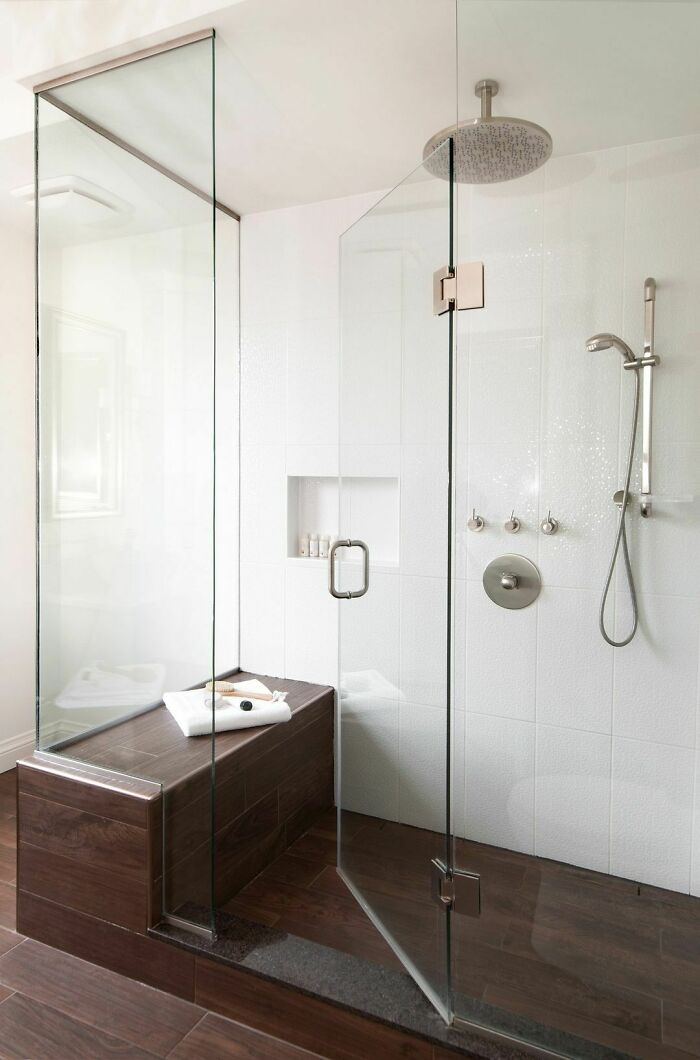 White and brown colored walk-in shower 