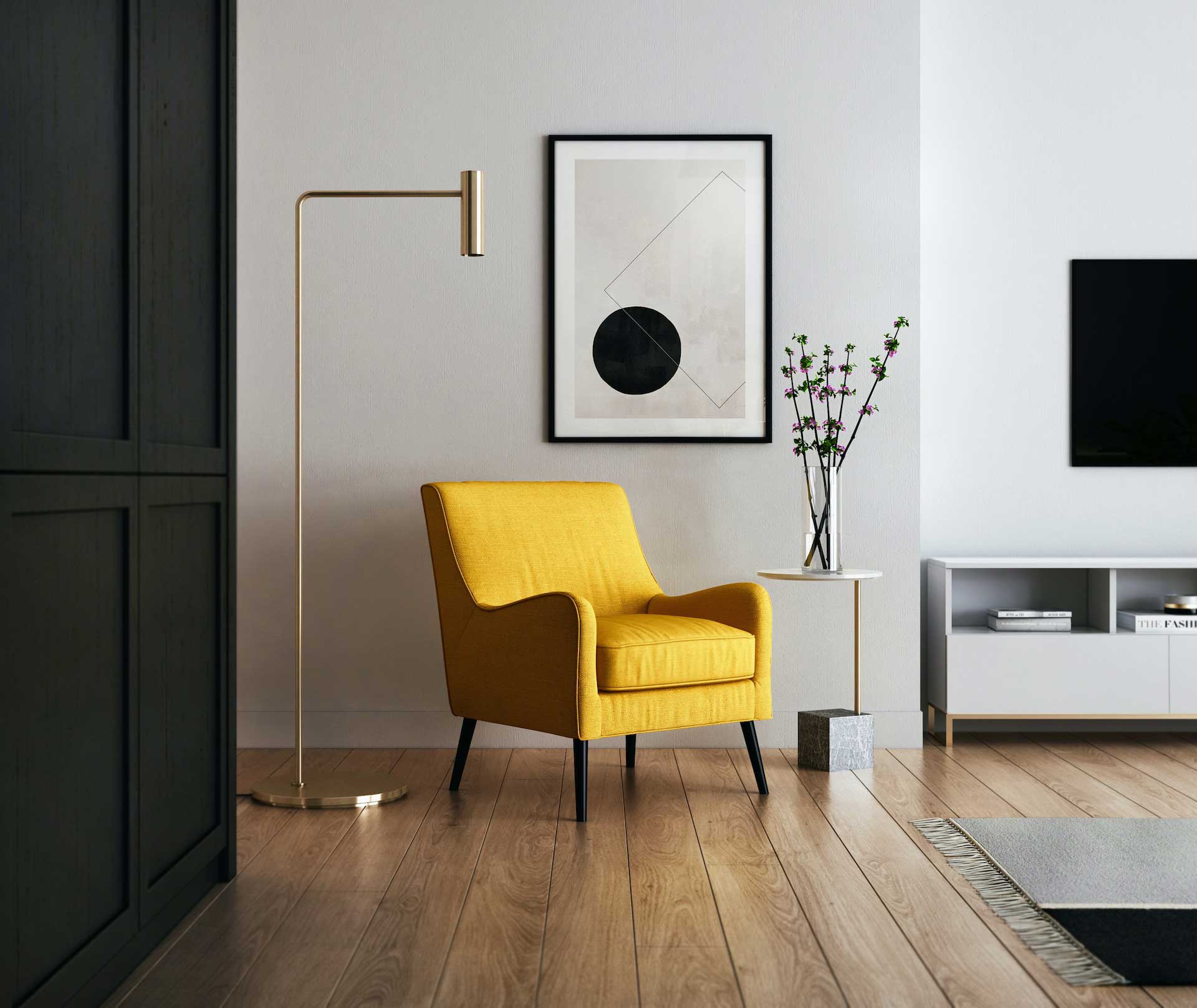 Minimalist interior with yellow armchair, floor lamp, and wall art