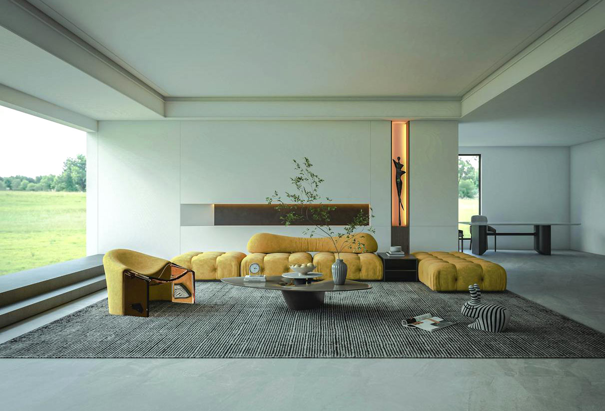 Spacious living room with large yellow sofa and armchair