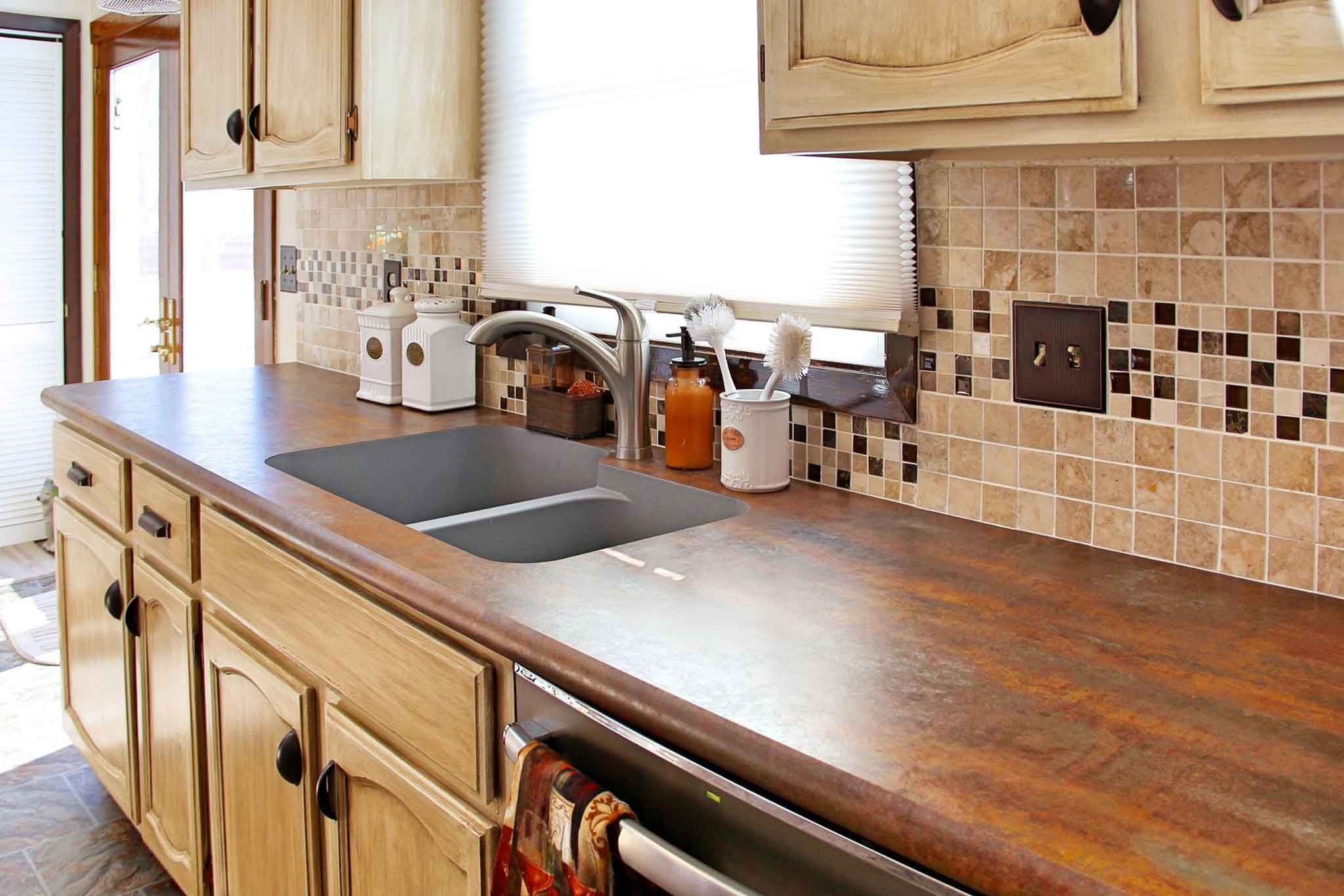 Kitchen with fire steel laminate countertop Kitchen with fire steel laminate countertop