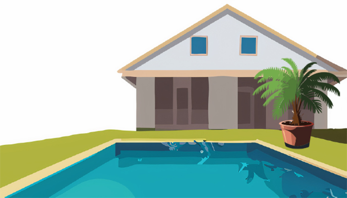 Illustration of Sago palm growing near the house and pool.