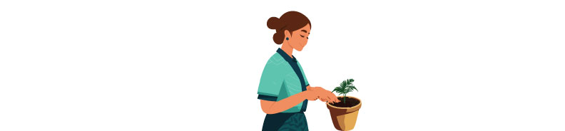 Illustration of woman taking care of plant.