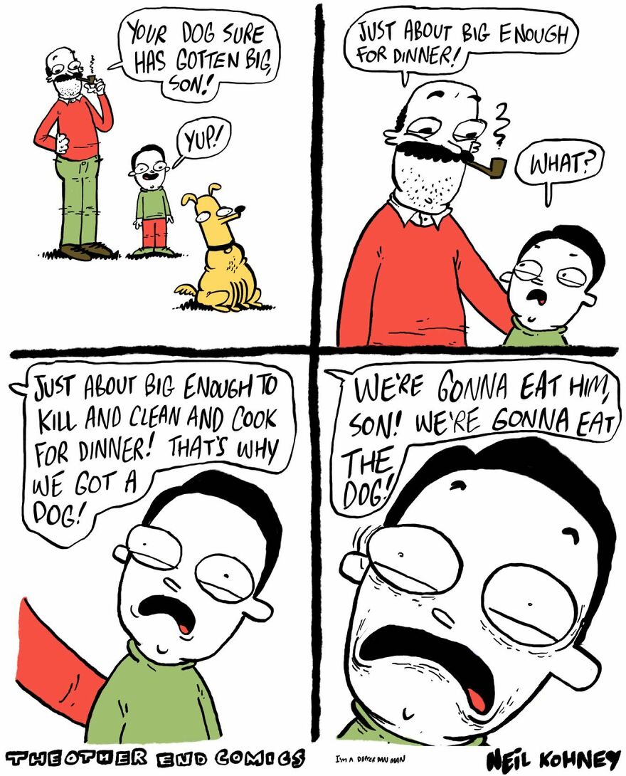 Comic by Neil Kohney depicting dark humor with a father and son discussing the size of their dog for dinner.