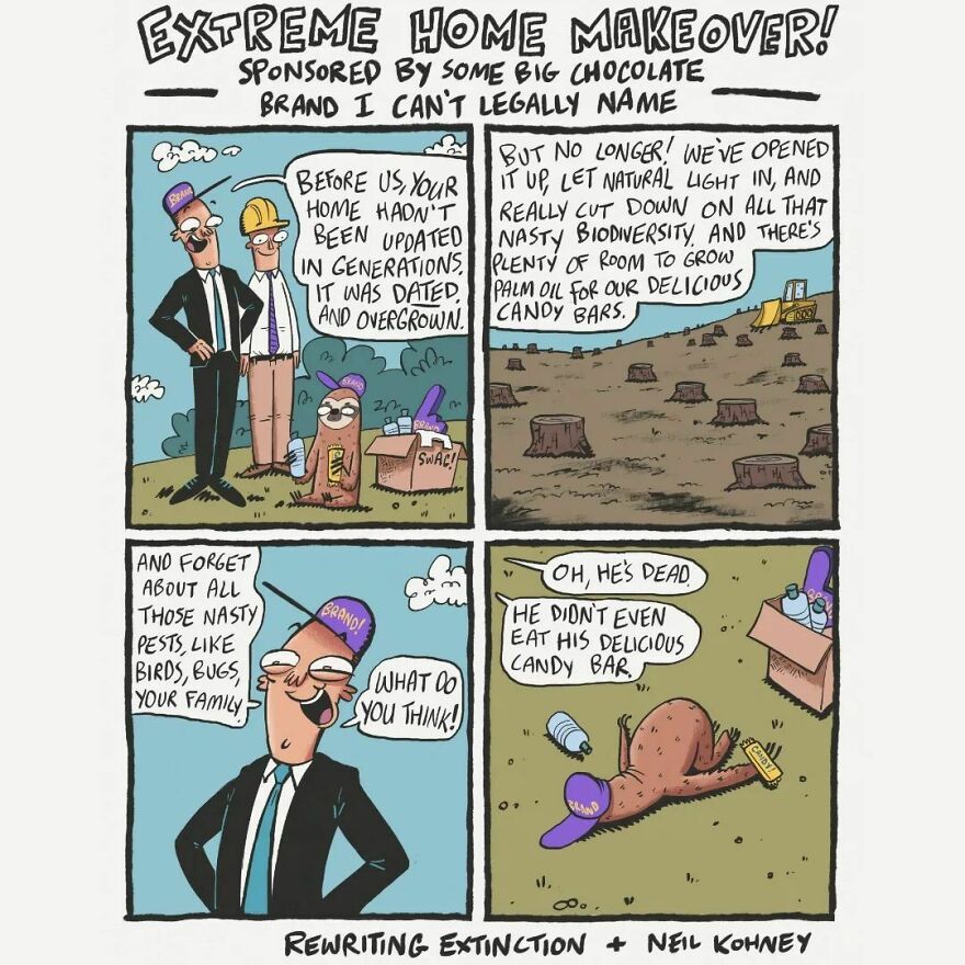 Comic by Neil Kohney showcasing dark humor with a deforested landscape, two characters, and a critter discussing candy bars.