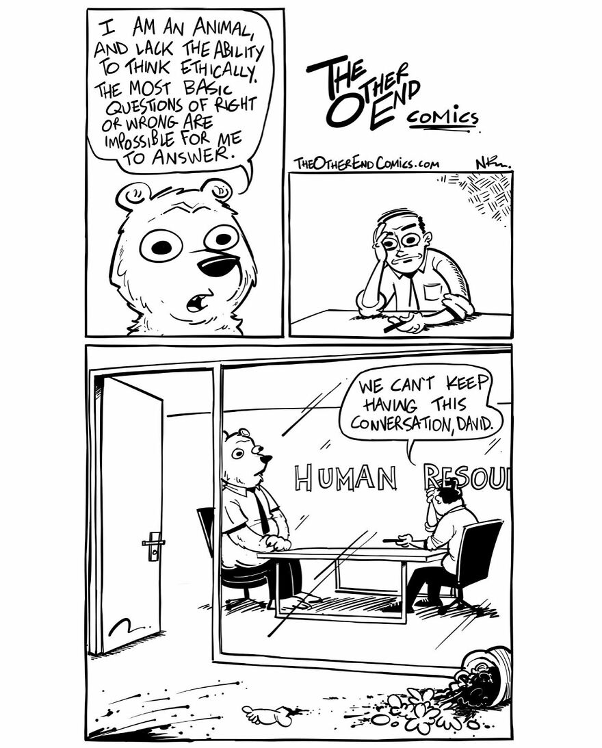 A bear in a shirt speaks about ethics in a comic, titled "The Other End," using dark humor in a human resources setting.