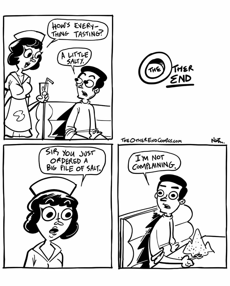 Comic by Neil Kohney showing a humorous dialogue about ordering and enjoying a pile of salt.