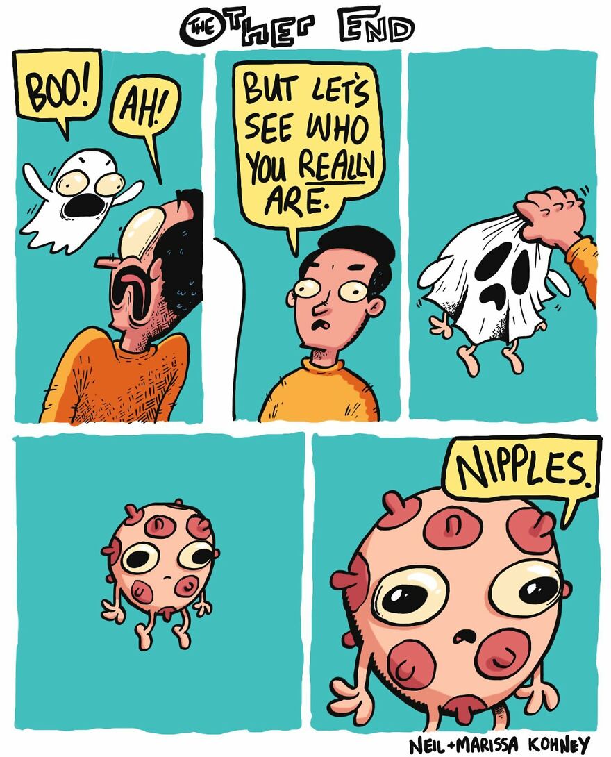 Comic by Neil Kohney with a humorous ghost revealing its true form as an unusual creature.