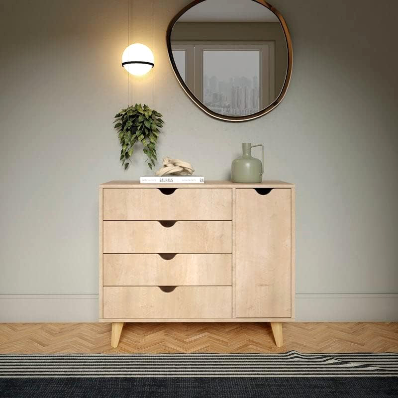 Room with light brown wooden chest of drawers and mirror