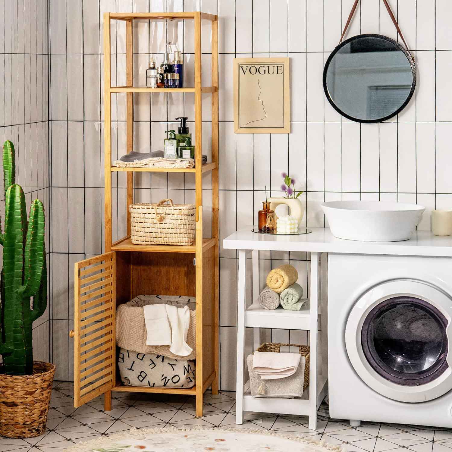 Bathroom with vertical wooden open shelving, washing machine, and round mirror