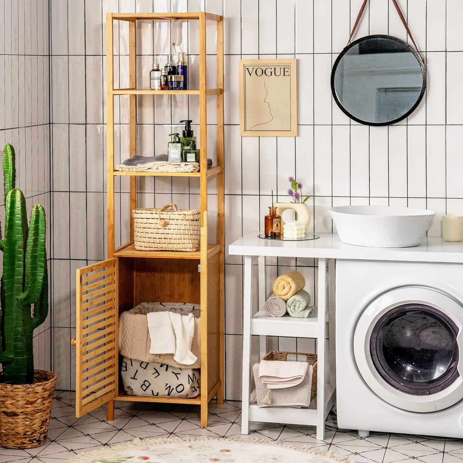 Bathroom with vertical wooden open shelving, washing machine, and round mirror Bathroom with vertical wooden open shelving, washing machine, and round mirror