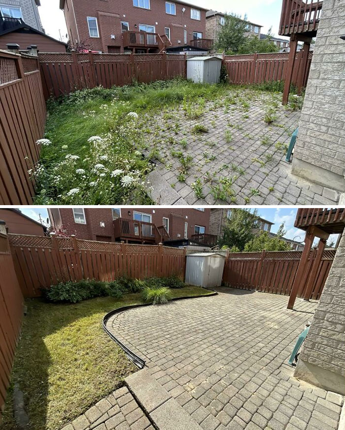 Antes y después del patio que he limpiado hoy