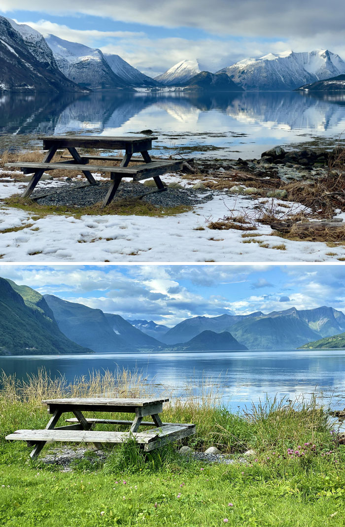 One Bench, Two Seasons. February vs. August 2023 In Åndalsnes, Norway