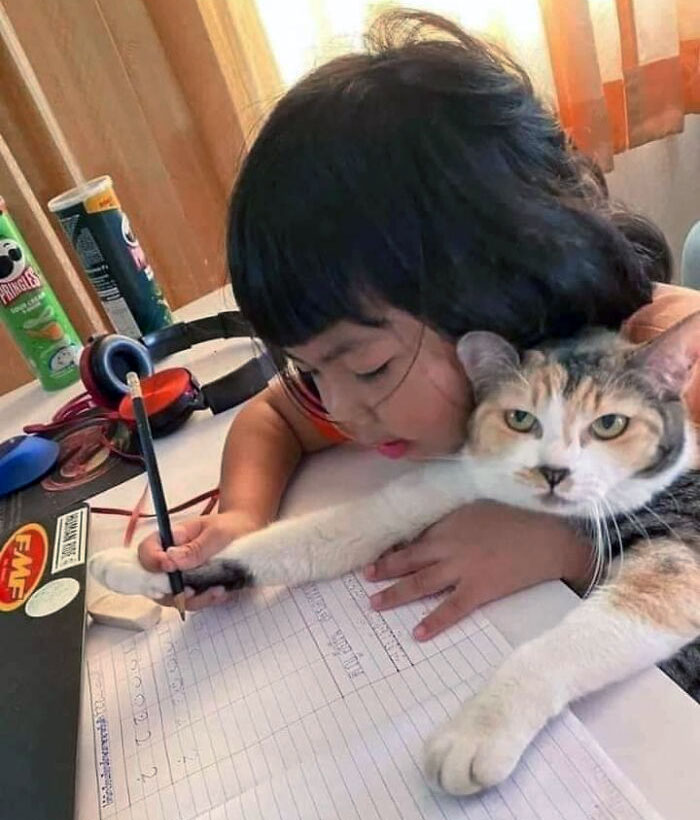 A Girl Teaching Her Cat How To Write