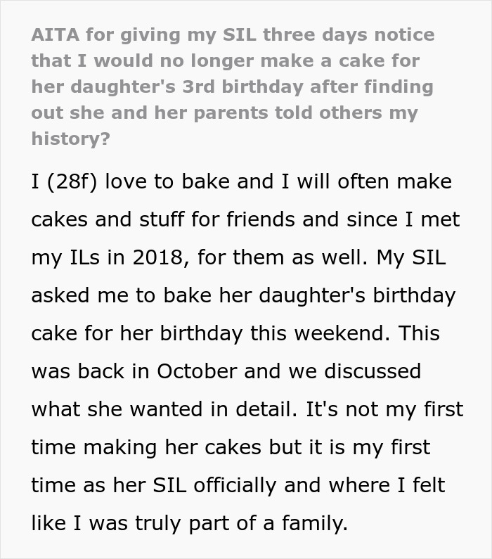 In-Laws Betray Woman’s Trust By Sharing Her Secret, She Refuses To Bake A Cake For Niece In Return In-Laws Betray Woman’s Trust By Sharing Her Secret, She Refuses To Bake A Cake For Niece In Return