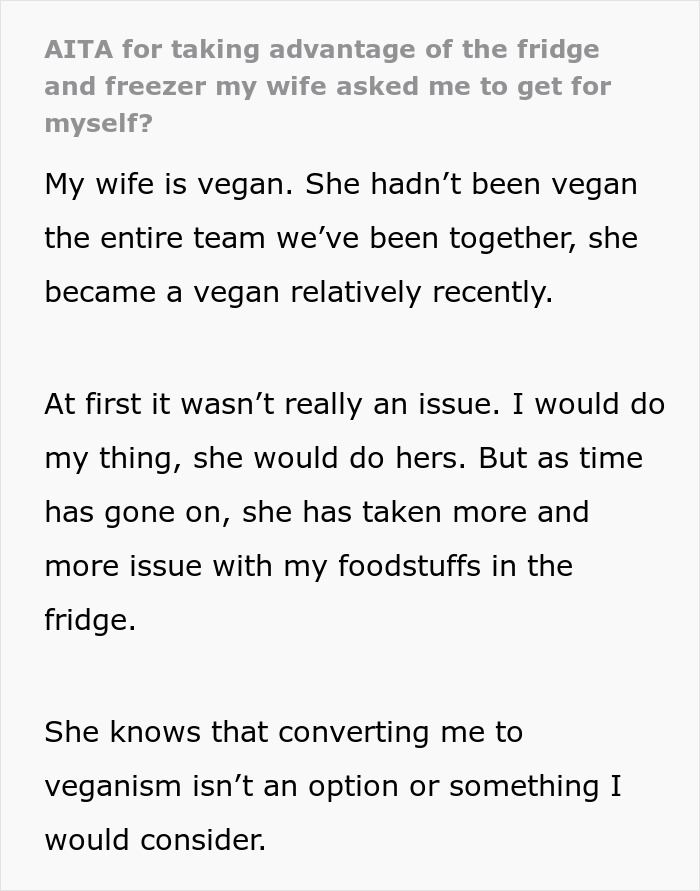 Vegan Woman Pushes Her Husband Out Of The Family Fridge, Is Enraged When He Gets His Own Vegan Woman Pushes Her Husband Out Of The Family Fridge, Is Enraged When He Gets His Own