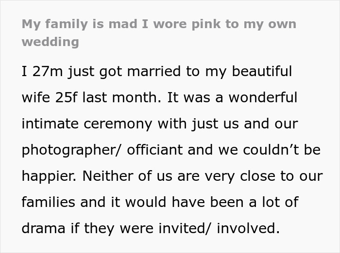 Bride And Groom Wear Lilac And Pink, Groom’s Family Decides That This Is An Issue