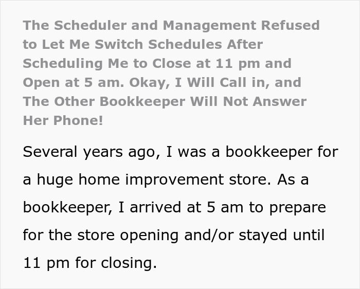 "Close At 11 PM, Open At 5 AM": Management Refuses To Let Employee Switch Schedules, Regrets It "Close At 11 PM, Open At 5 AM": Management Refuses To Let Employee Switch Schedules, Regrets It
