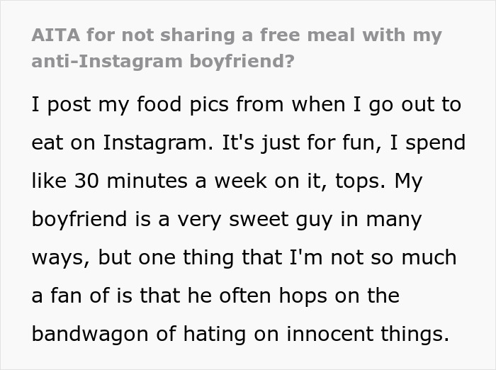 Man Requests A Free Meal, Which His GF Accepted Due To Her Hobby He Continually Made Fun Of Man Requests A Free Meal, Which His GF Accepted Due To Her Hobby He Continually Made Fun Of