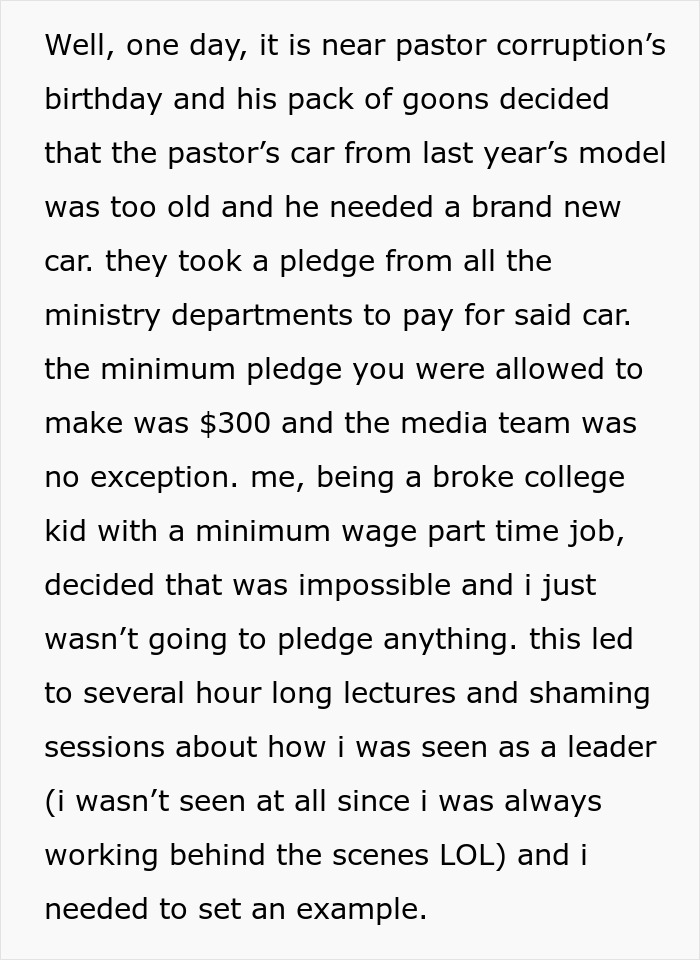Broke College Student Gets Coerced To Give $300 Towards Pastor's Gift, Makes The Church Regret It