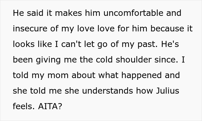 Text discussing a man's discomfort and insecurity about his fiancée's tattoo, leading to family drama over past relationships. Text discussing a man's discomfort and insecurity about his fiancée's tattoo, leading to family drama over past relationships.