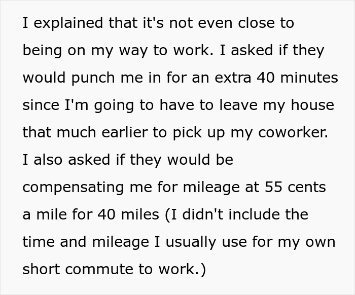 Employee Expected To Give Colleague Regular 40-Mile Rides To Work For Free, Flatly Refuses Employee Expected To Give Colleague Regular 40-Mile Rides To Work For Free, Flatly Refuses