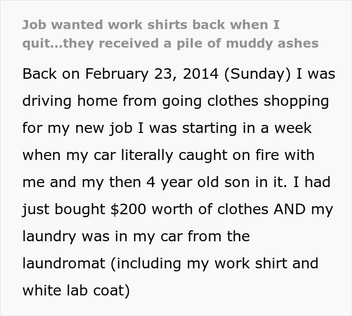Company Demands Woman Returns Uniform That They Know Has Burned To Ashes, She Complies Maliciously