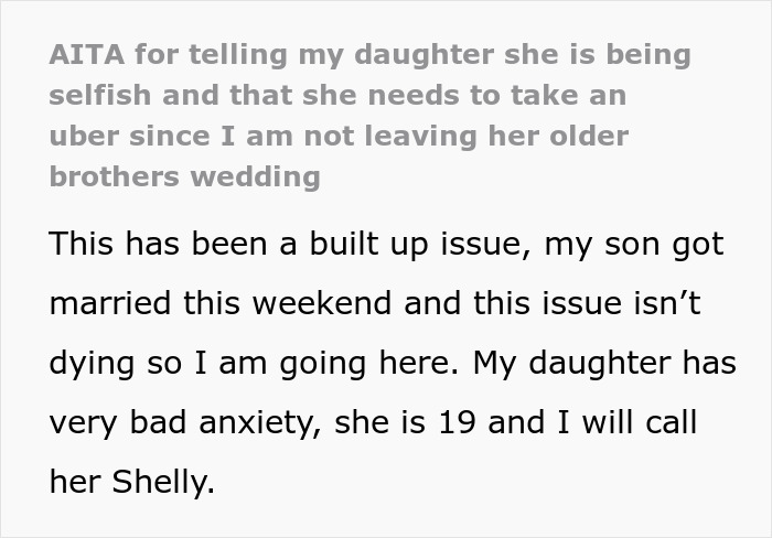 Mom Refuses To Drive Her Anxious Daughter Home During Son’s Wedding, Family Drama Ensues Mom Refuses To Drive Her Anxious Daughter Home During Son’s Wedding, Family Drama Ensues