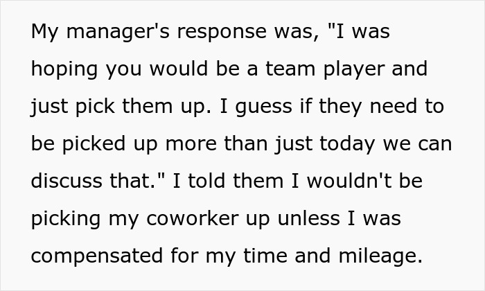 Employee Expected To Give Colleague Regular 40-Mile Rides To Work For Free, Flatly Refuses Employee Expected To Give Colleague Regular 40-Mile Rides To Work For Free, Flatly Refuses