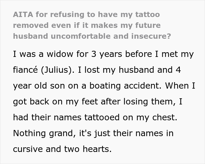 Text describes a widow's tattoo for her late spouse and son, causing a family drama with her fiancé. Text describes a widow's tattoo for her late spouse and son, causing a family drama with her fiancé.