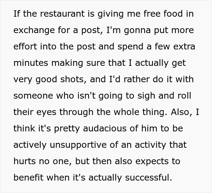Man Requests A Free Meal, Which His GF Accepted Due To Her Hobby He Continually Made Fun Of
