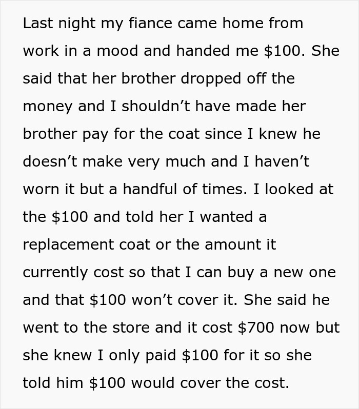 Man Refuses To Back Down After Fiancée’s Family Turn On Him Over $700 Coat