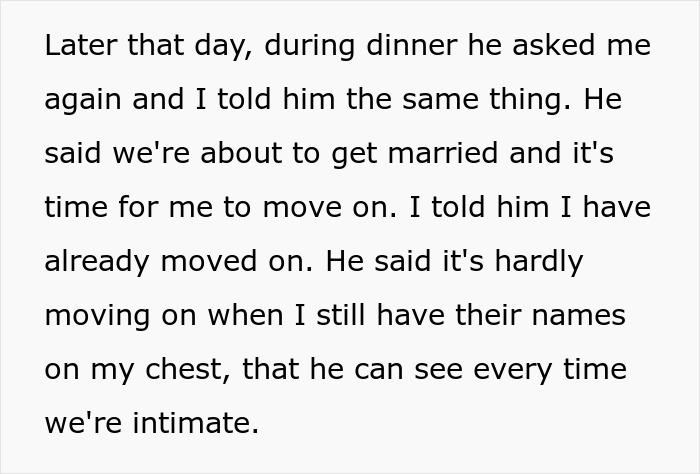 Text describing family drama involving a tattoo honoring late spouse and son. Text describing family drama involving a tattoo honoring late spouse and son.