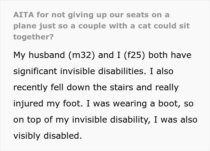 Flight Attendant Pressures Disabled Couple To Move So A Couple With A Cat Can Sit Together