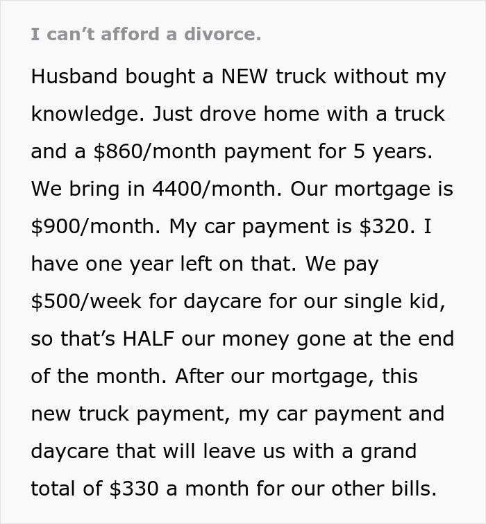 “I Am So Angry”: Woman Realizes She Can’t Even Afford A Divorce After Husband’s Secret Purchase