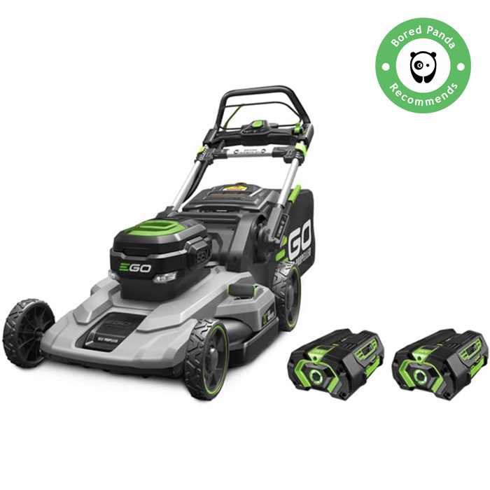 Grey and green lawn mower with batteries 