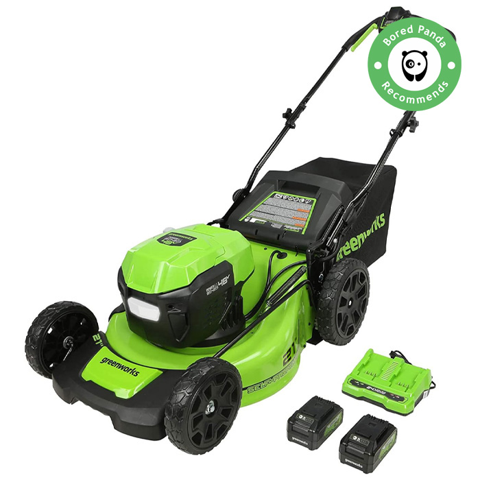 Green and black lawn mower with batteries 