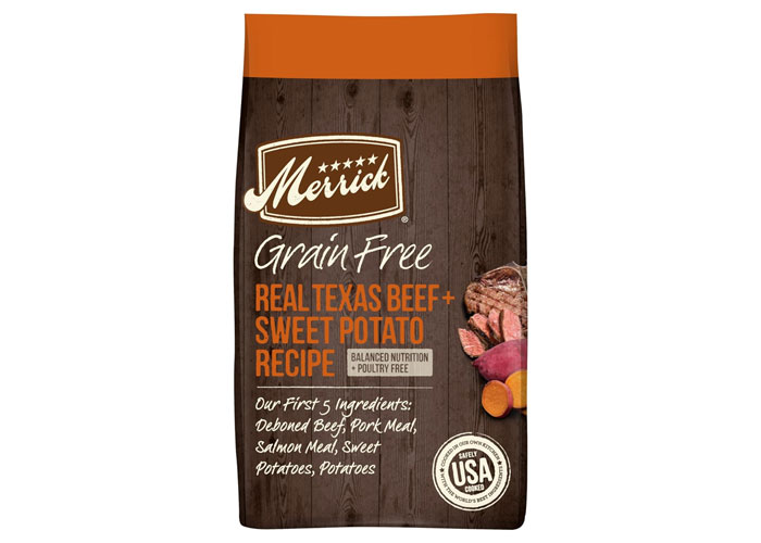 Merrick Grain-Free Puppy Real Texas Beef + Sweet Potato Recipe food in a package