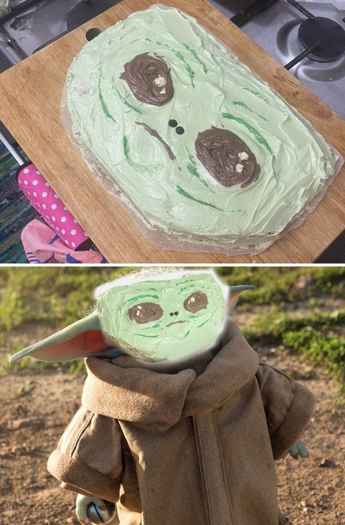 I Tried To Make A Baby Yoda Cake For My Boyfriend's Birthday, But I Didn’t Have Enough Cake For The Ears, So He Didn't Have Any. Then My Friend Edited A Photo Of My Cake