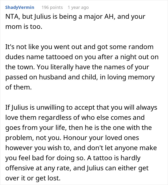 Text discussion on family drama over fiancée's tattoo honoring late spouse and son. Text discussion on family drama over fiancée's tattoo honoring late spouse and son.