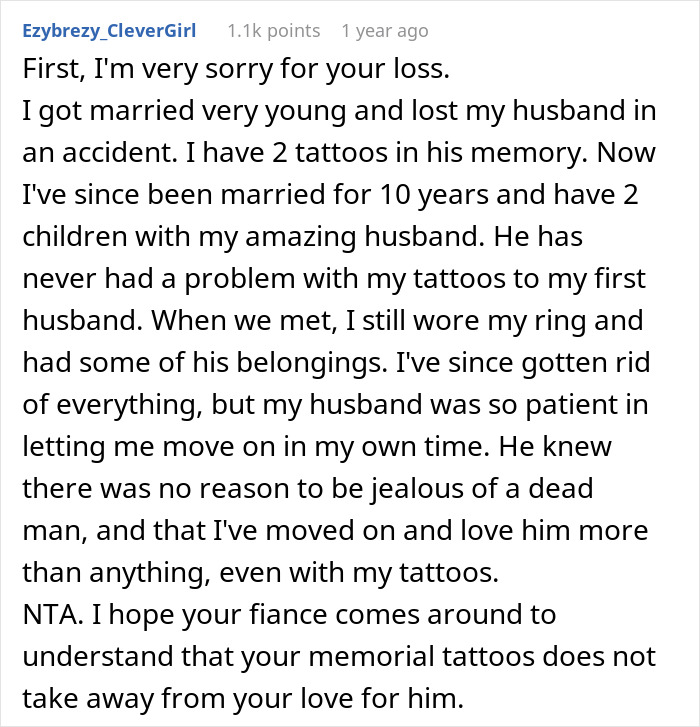 Text discussing family drama over fiancée's memorial tattoos for her late spouse and son. Text discussing family drama over fiancée's memorial tattoos for her late spouse and son.