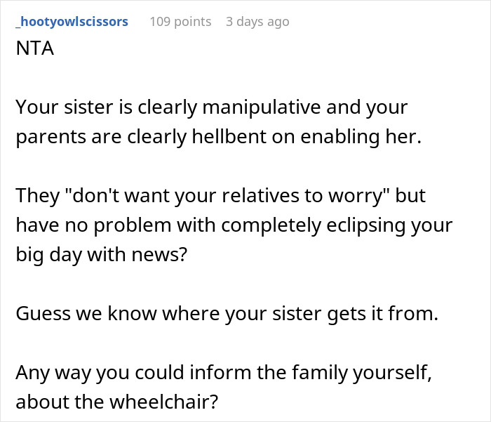 "AITA For Not Wanting My Sister At My Wedding Since She Is In A Wheelchair?": Internet Defends Woman "AITA For Not Wanting My Sister At My Wedding Since She Is In A Wheelchair?": Internet Defends Woman