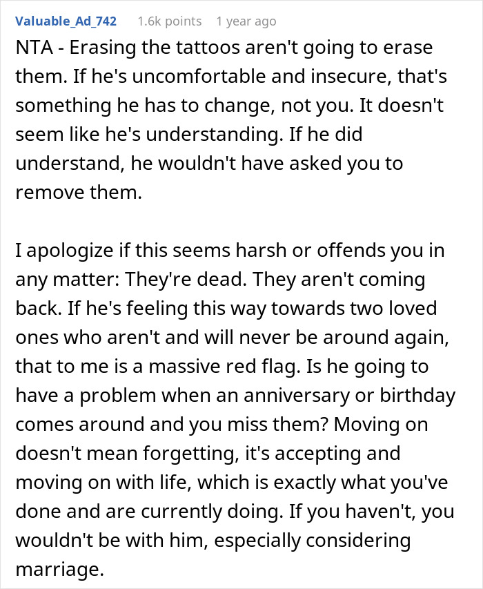 Reddit comment discussing family drama over removing tattoos honoring late spouse and son. Reddit comment discussing family drama over removing tattoos honoring late spouse and son.